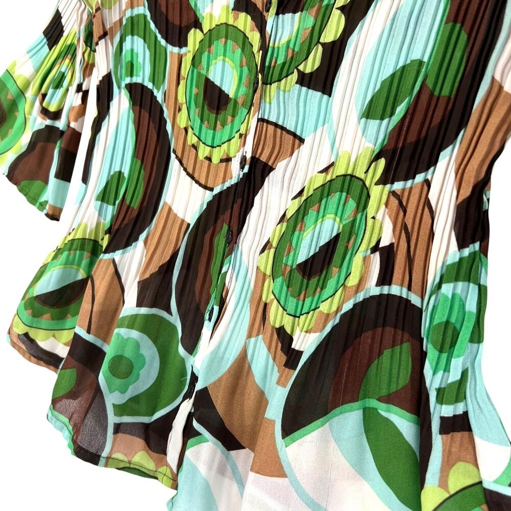 Allison Taylor Blouse Boho Hippie Green Abstract 3/4 Bell Sleeve Pleated Med Top - Picture 8 of 12